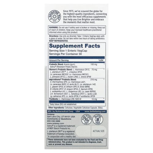 Solaray, Mycrobiome®, полноценный пробиотик, для женщин, 30 растительных капсул