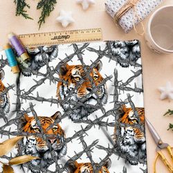 Ткань сатин крупный тигр за колючей проволокой