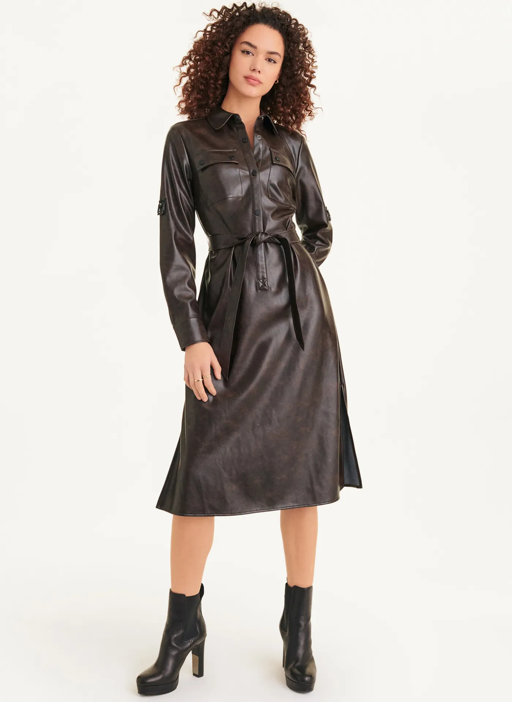 Женское платье DKNY Faux Leather Long Sleeve Midi