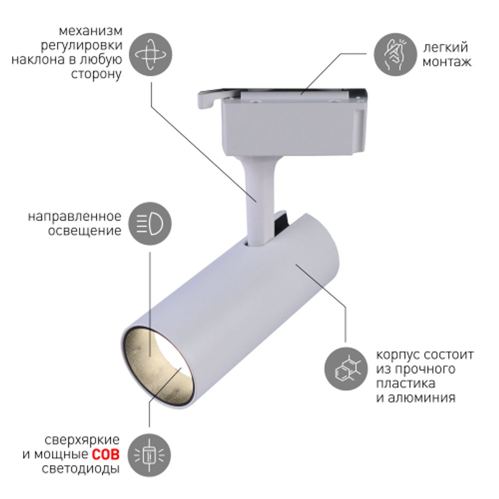 Трековый светильник однофазный ЭРА TR5-2040 WH светодиодный 20Вт 4000К белый