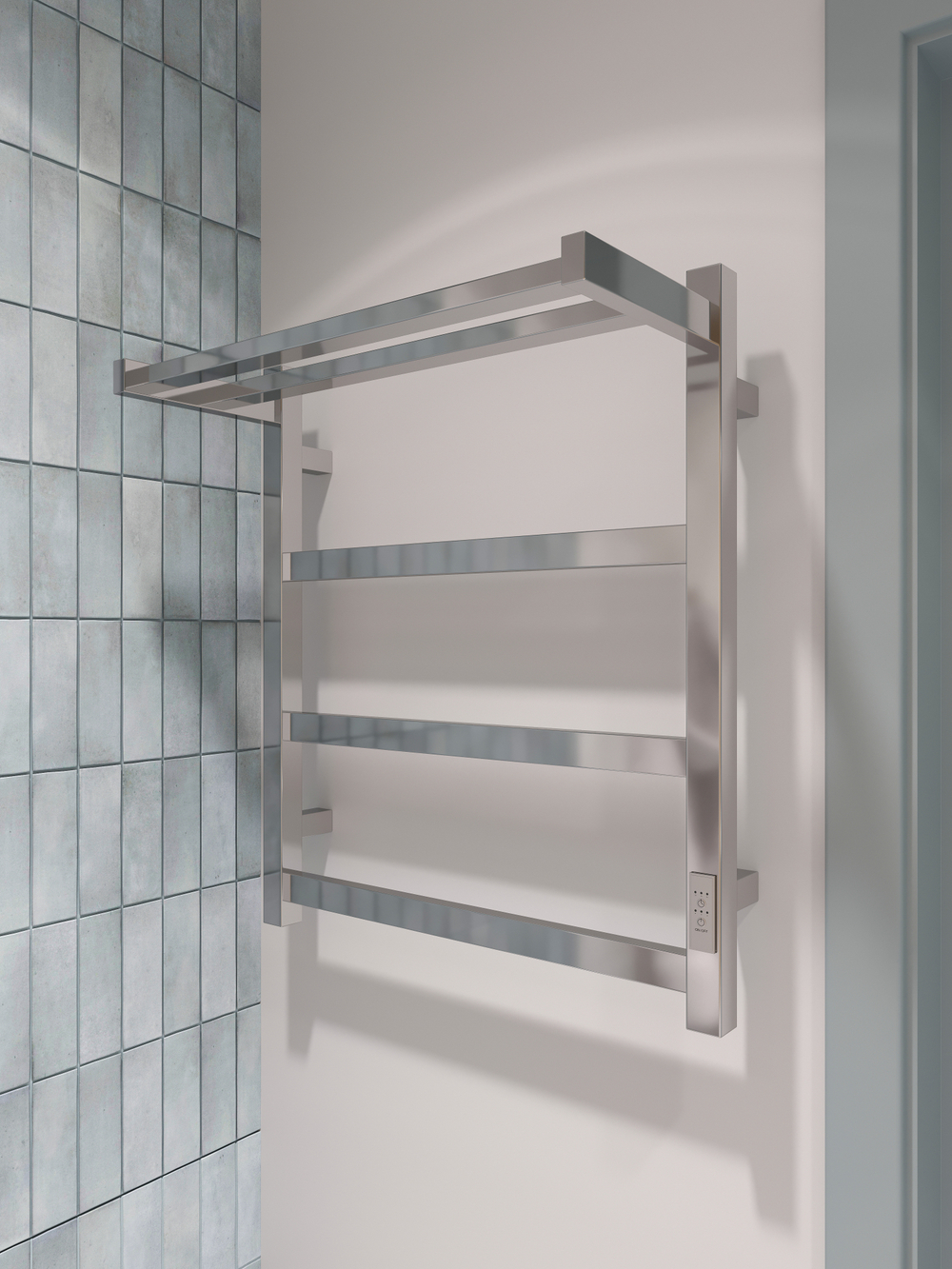 Полотенцесушитель электрический EWRIKA Пенелопа КВ7 60x55 см, подключение справа, слева, скрытое подключение справа, хром, лесенка, с полкой