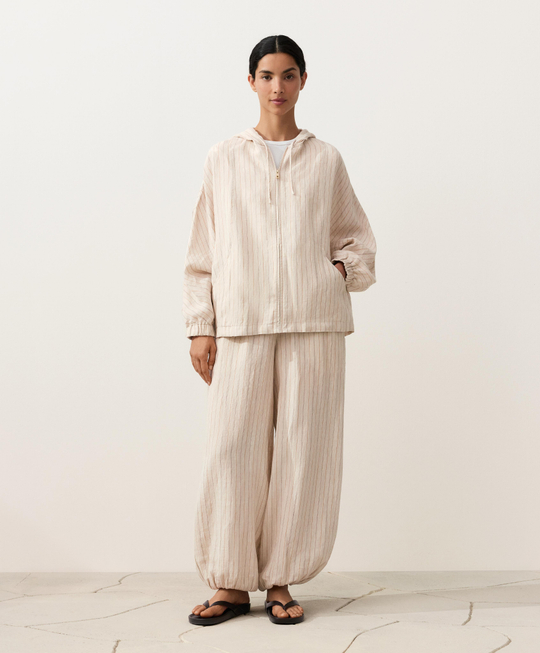 Oysho Куртка с капюшоном в полоску из 100% льна, песочный меланж