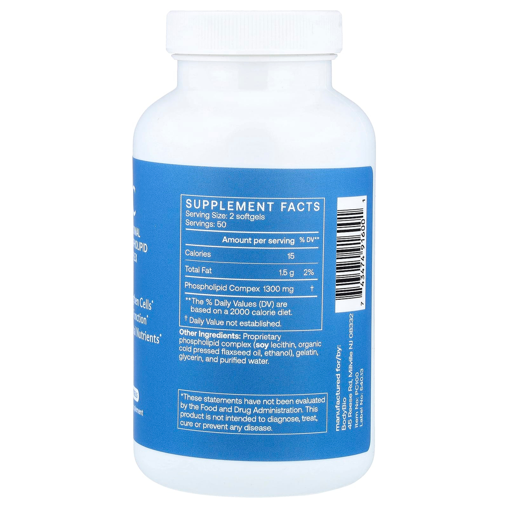BodyBio, PC, липосомальный фосфолипидный комплекс, 100 капсул (650 мг в 1 капсуле)
