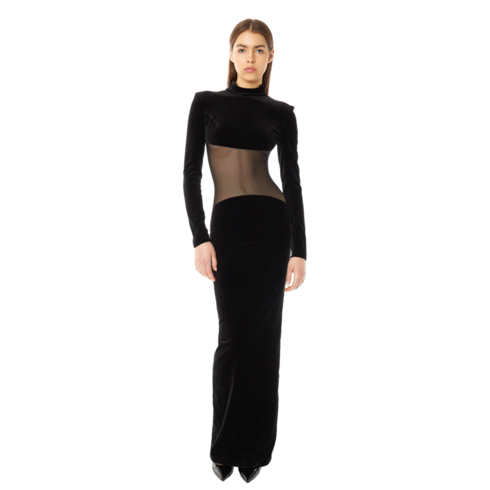 Платье макси из бархата и компрессионной сетки