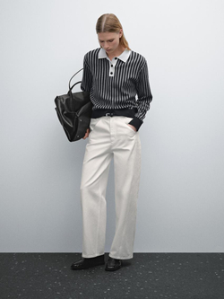 Massimo Dutti Свитер в полоску с воротником поло, серый