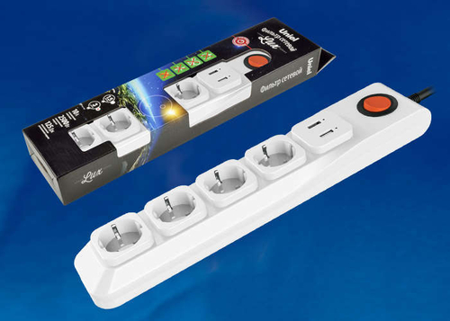 S-GSL5-3U WHITE Cетевой фильтр серии Lux, 3м (Пвс 3*0,75), 4 гнезда, с/з, 1USB (1A). 10А. Защита от перенапряжения, короткого замыкания. TM Uniel.