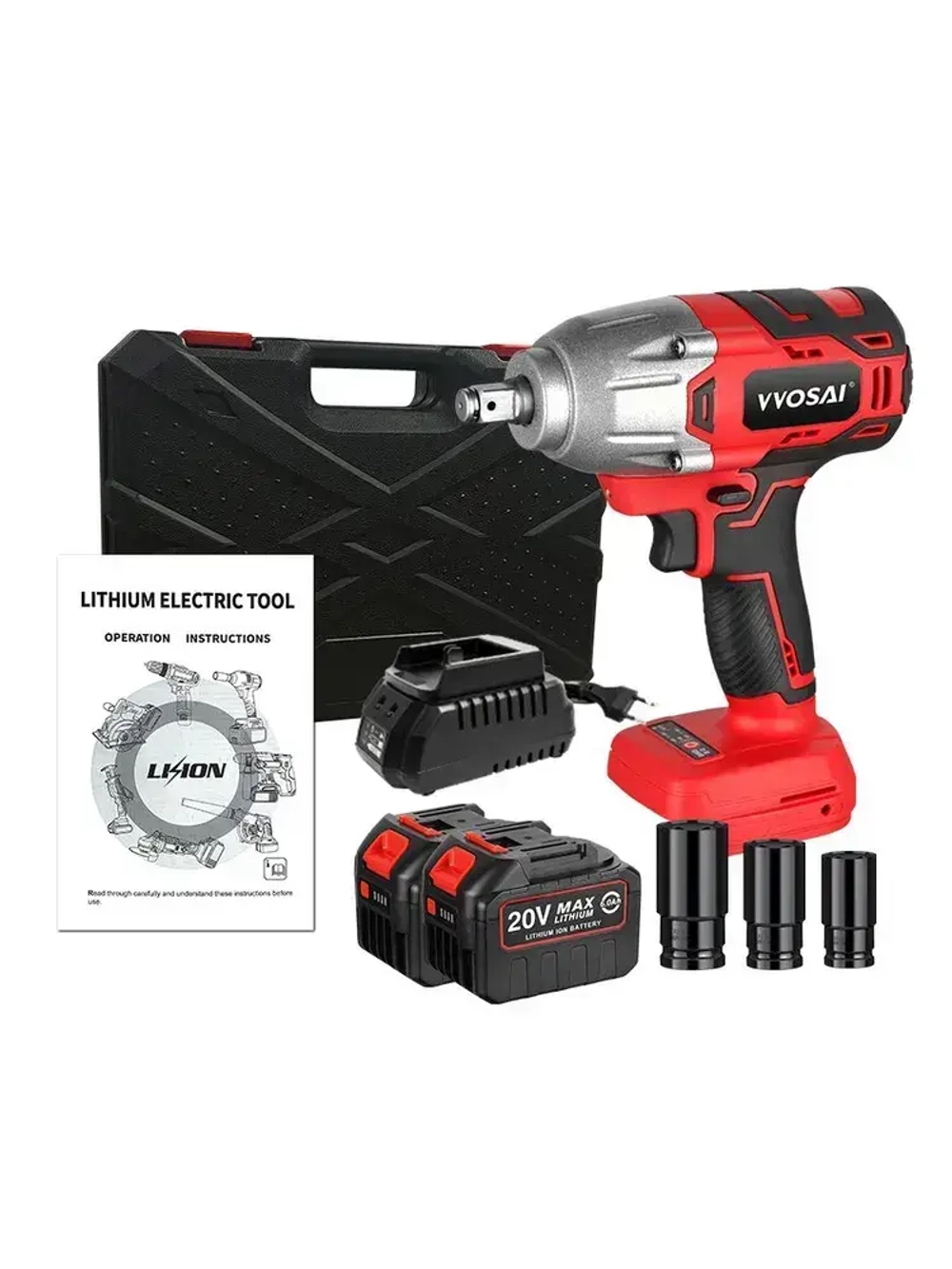 Бесщеточный Гайковерт Электроинструмент VVOSAI WS-L5-D2-3P-SX, 20В 600Нм, 2xLi-ion, ЗУ, кейс для хранения, 1 головка 17 19 21мм