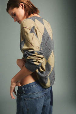 ZARA СВИТЕР ИЗ 100% ШЕРСТИ С УЗОРОМ «РОМБЫ», ЗЕЛЕНЫЙ/СЕРЫЙ