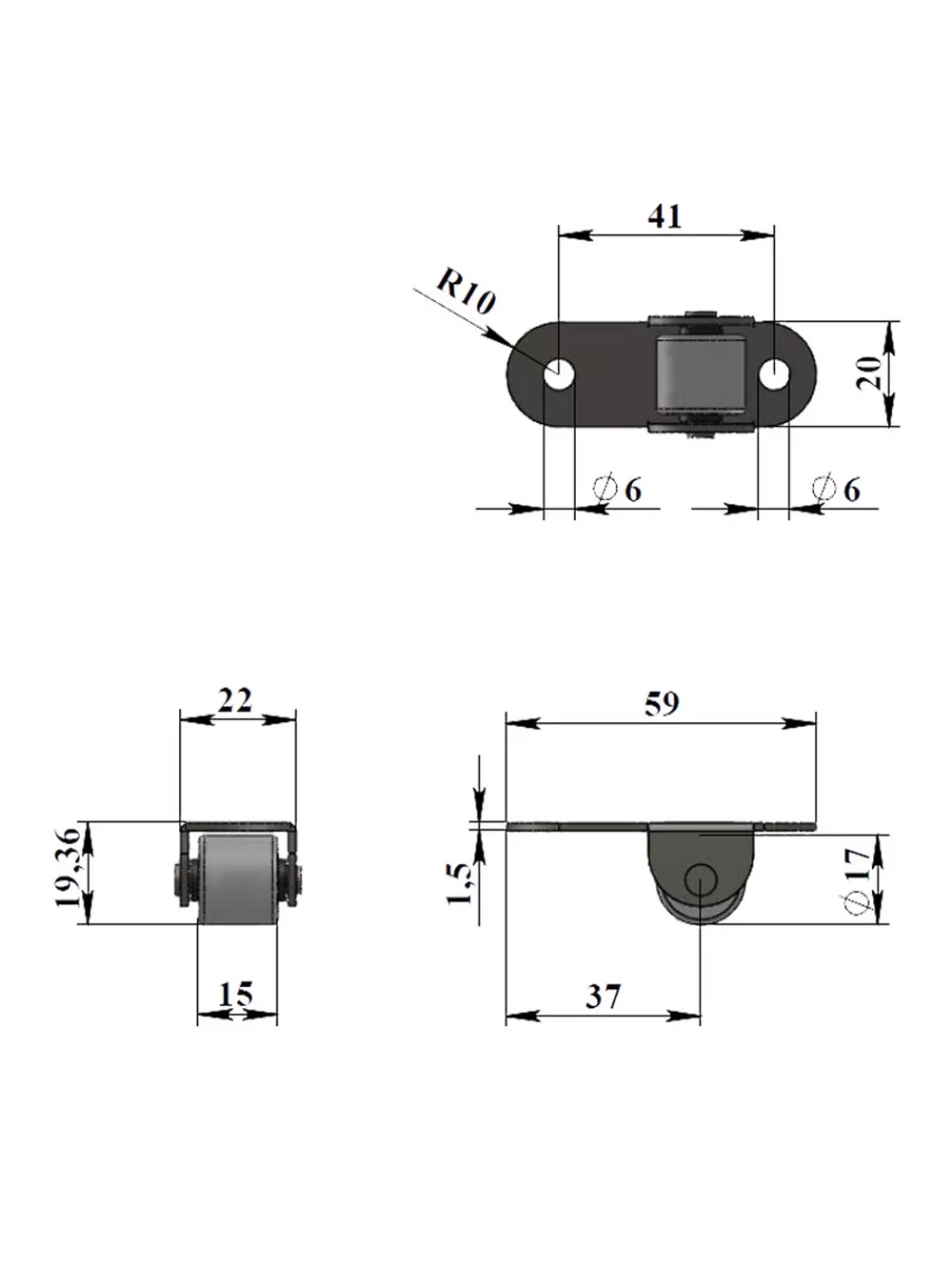 Опора для мебели 172 с резиновым колесом D15-17мм, 2 шт