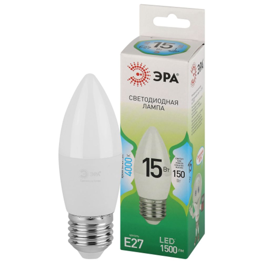 Лампа светодиодная ЭРА GREEN LINE LED B35-15W-840-E27 GL 15Вт свеча яркий белый свет E27