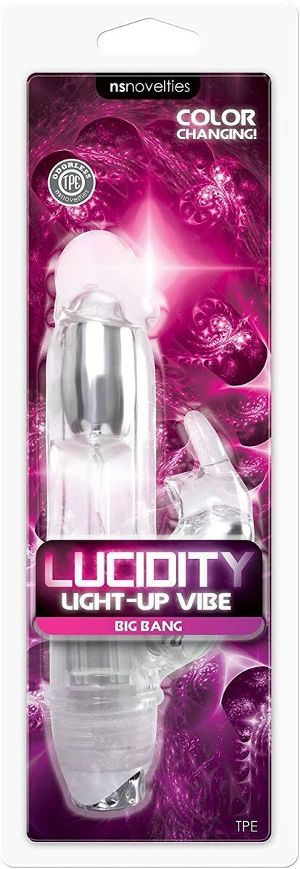 Прозрачный вибратор с клиторальным зайкой Lucidity Big Bang Light Up Vibe - 16 см. (Цвет: прозрачный)