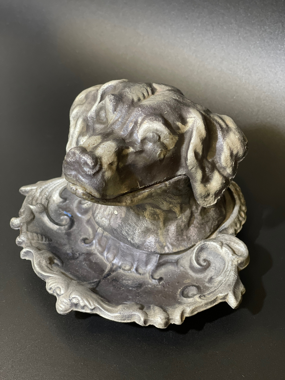 Пепельница с откидной крышкой "Голова собаки", силумин, СССР, 1970-1990 гг