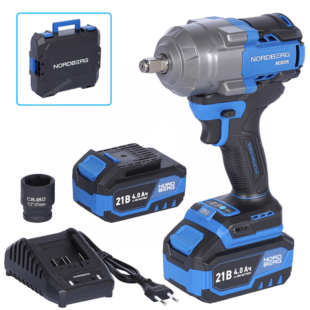 NORDBERG (NE805K) Гайковерт аккумуляторный, 1/2", 21В, 1000 Нм с двумя 4A акк. и зар. уст-вом, в кейсе