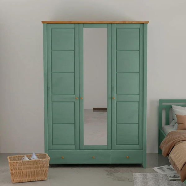 Шкаф для одежды распашной с зеркалом и ящиком Саргас, деревянный, массив сосны, эвкалипт