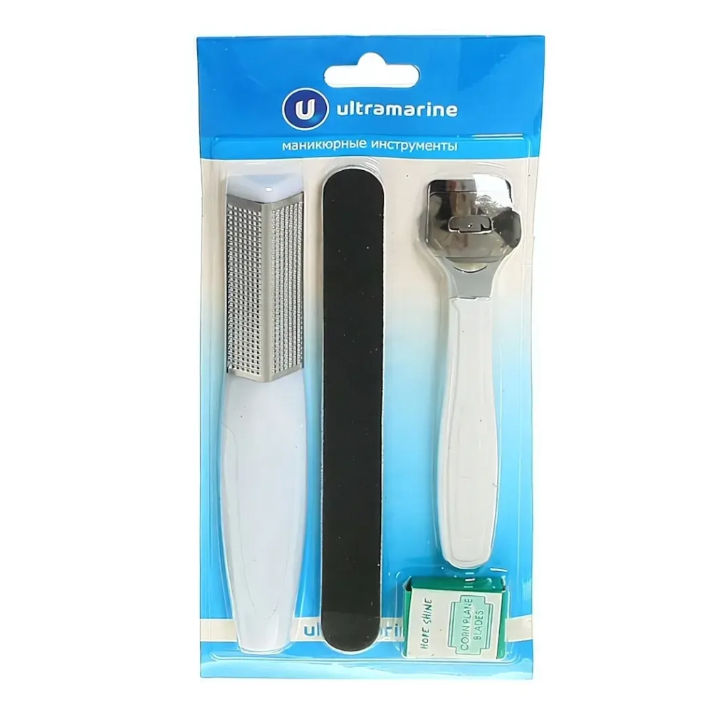 Педикюрный набор на блистере, 4 предметов «Ultramarine» (терка для ног, лезвия, пилка нождачная и нож педикюрный)✦