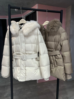 Пуховик Fresh миди с поясом песочный