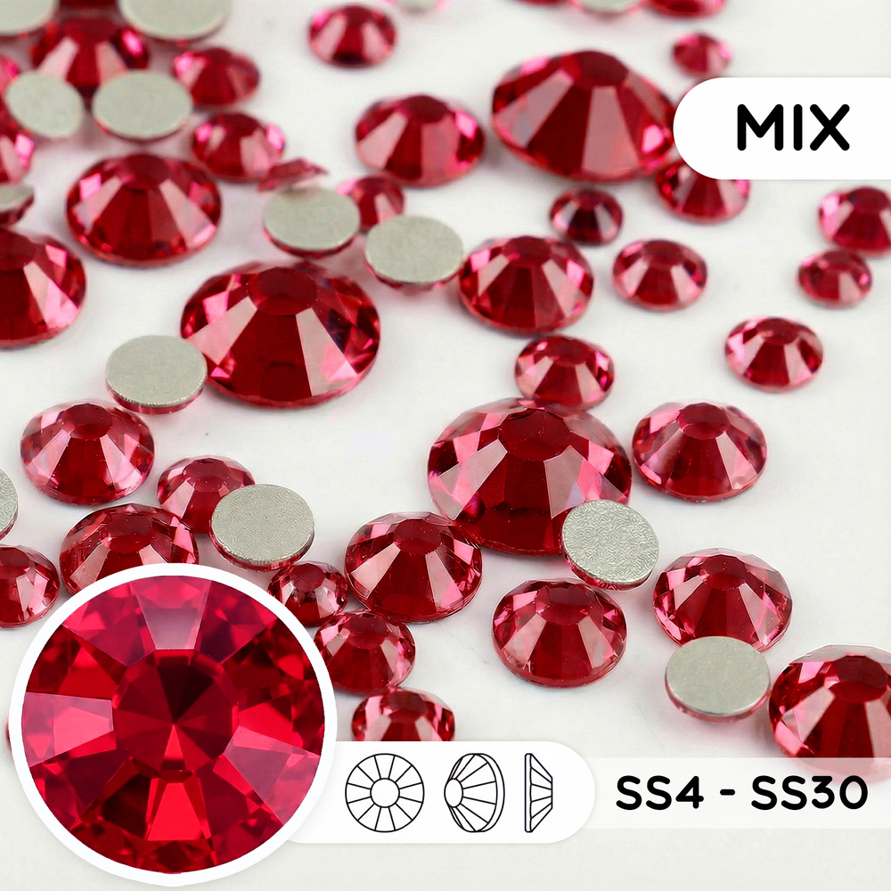 Стеклянные стразы холодной фиксации “Dark Siam” — микс размеров SS4–SS30