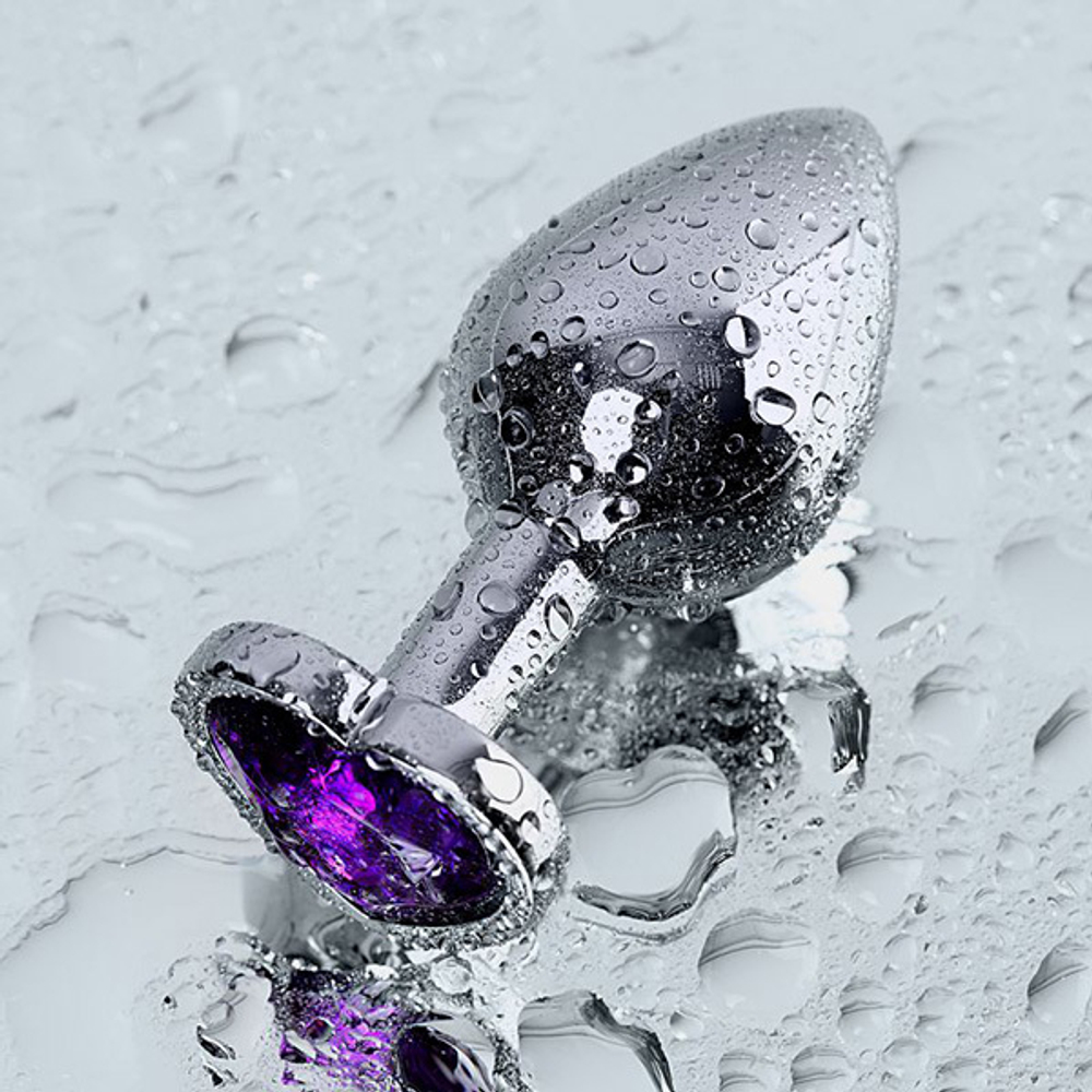 Серебристая анальная пробка 8см с фиолетовым кристаллом сердцем ToyFa Metal 717014-4