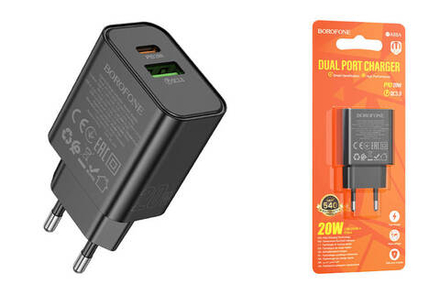 Сетевая зарядка с поддержкой быстрой зарядки PD+QC3.0 3А 20Вт USB-C BOROFONE BA88A