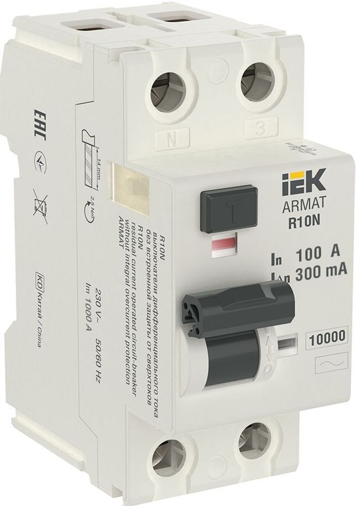 Выключатель дифференциального тока УЗО R10N 2P 100А 300мА тип AC ARMAT IEK