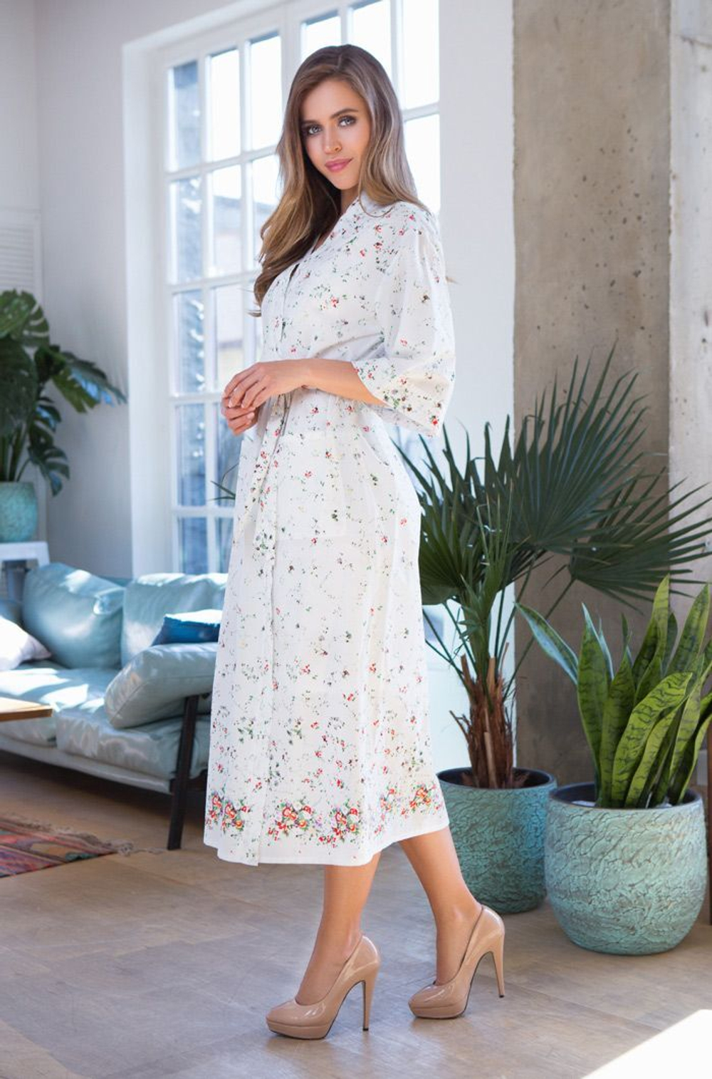 Длинный халат Daisy из нежного принтованного хлопка (Размер: M-L) (Цвет: белый)