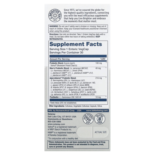 Solaray, Mycrobiome®, полноценный пробиотик для мужчин, 30 растительных капсул