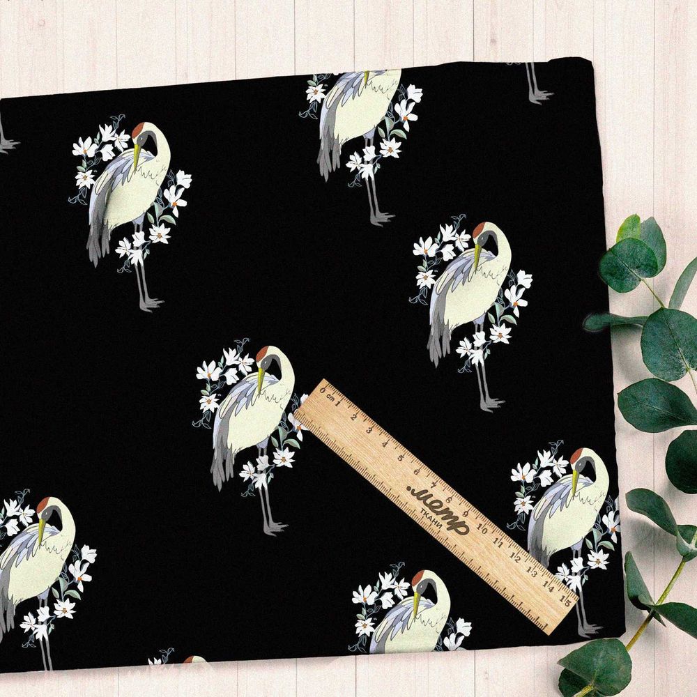 Ткань бифлекс японский журавль на черном