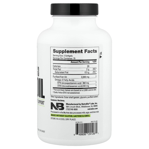 NutraBio, Рыбий жир с омега-3, 150 капсул (1000 мг в каждой капсуле)
