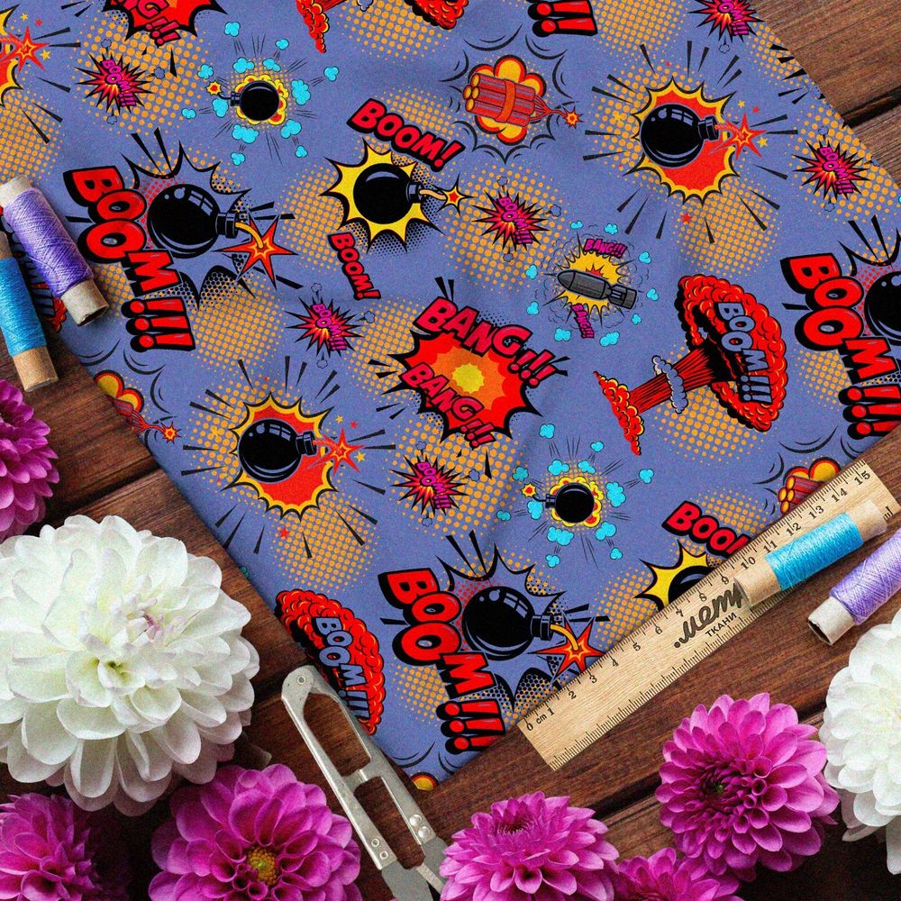 Ткань атлас звуки взрывов из комиксов на синем фоне