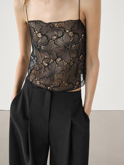 Massimo Dutti Кружевной топ на бретелях, черный