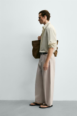 ZARA БРЮКИ STRAIGHT FIT ИЗ ПОПЛИНА СО СКЛАДКАМИ, ЖЕМЧУЖНЫЙ/БЕЖЕВЫЙ