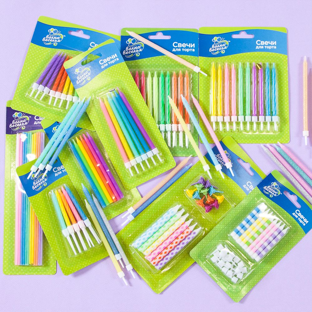 Свечи Ассорти, с блестками, 0,55*10,8 см, 20 шт. с держат.