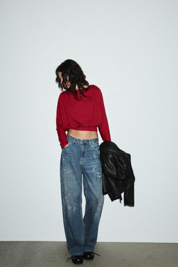 ZARA МЯГКИЙ СВИТЕР С ДЛИННЫМИ РУКАВАМИ, ТЕМНО-РОЗОВЫЙ