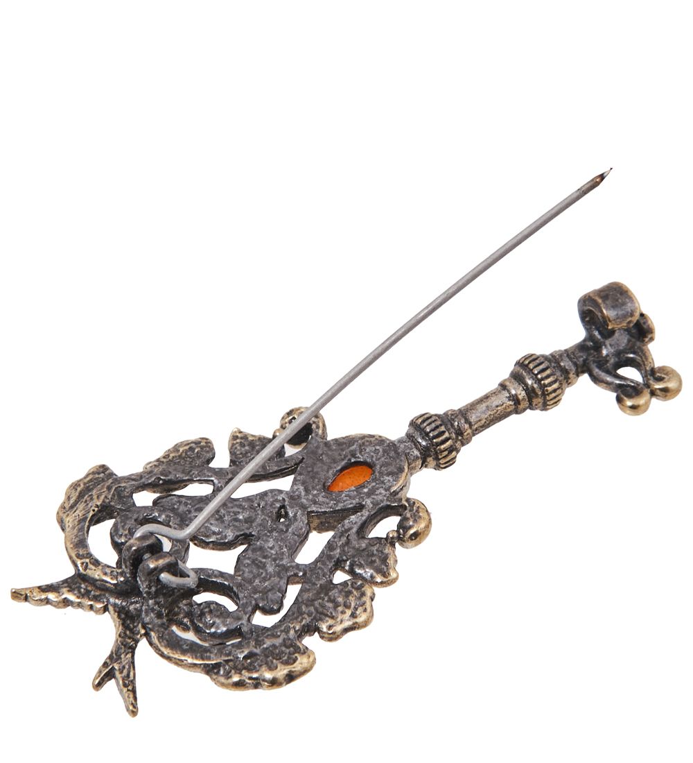 AM-4063 Брошь «Ключик Ласточка» (латунь, янтарь)