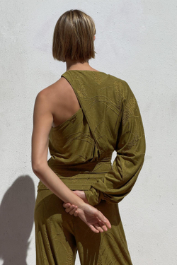 ZARA ЖАККАРДОВЫЙ ТОП АСИММЕТРИЧНОГО КРОЯ, ОЛИВКОВЫЙ