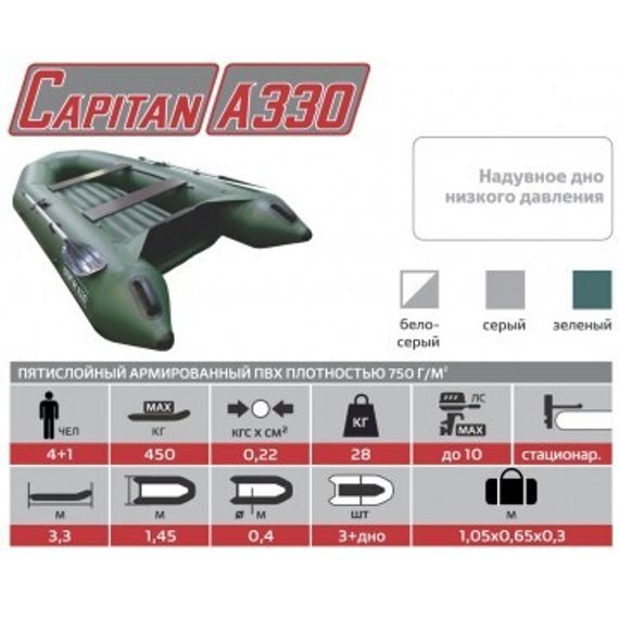 Лодка Тонар Капитан A330 (надувное дно) серый