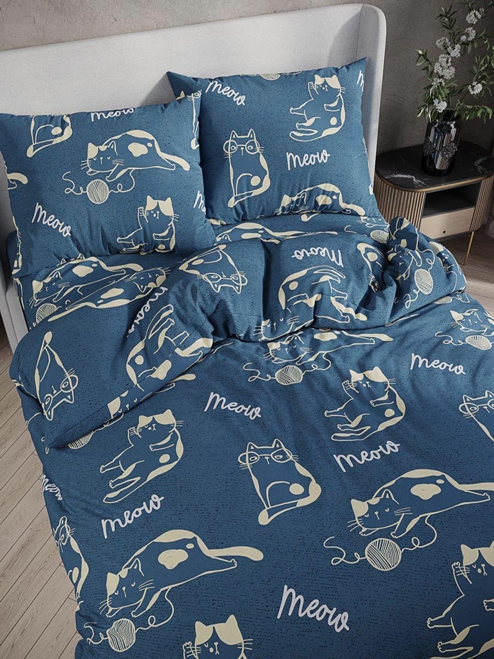 Постельное белье поплин Сказка "Meow" 1,5-сп Наволочка 50x70 см 1 шт Простынь на резинке 90x200 см Пододеяльник 145x215 см