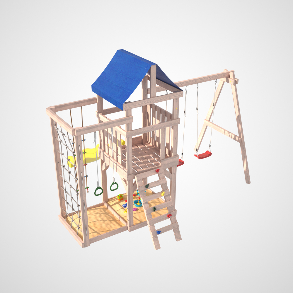 Детская площадка для улицы и дачи Fun Land неокрашенная с сеткой стенкой и качелями