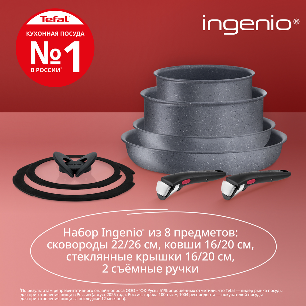 Набор посуды со съемной ручкой Tefal Ingenio Natural Force 8 предметов 16/20/22/26 L3969153