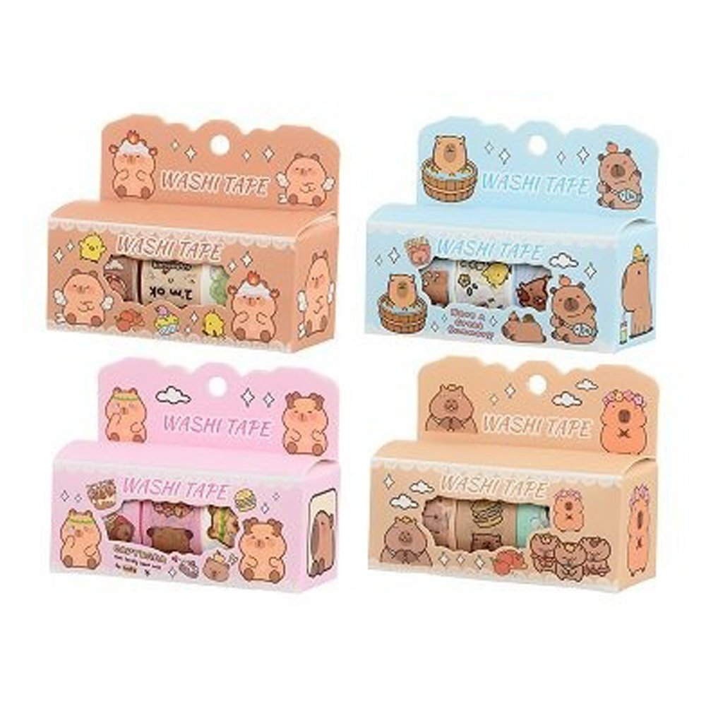 Клейкая лента (скотч) декоративная Basir, цветная, с рисунком капибары, 4 ленты в наборе