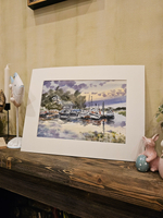 Картина авторская акварельная в паспарту 30х40 см на стену для интерьера "Причал в Березово. Вечер"