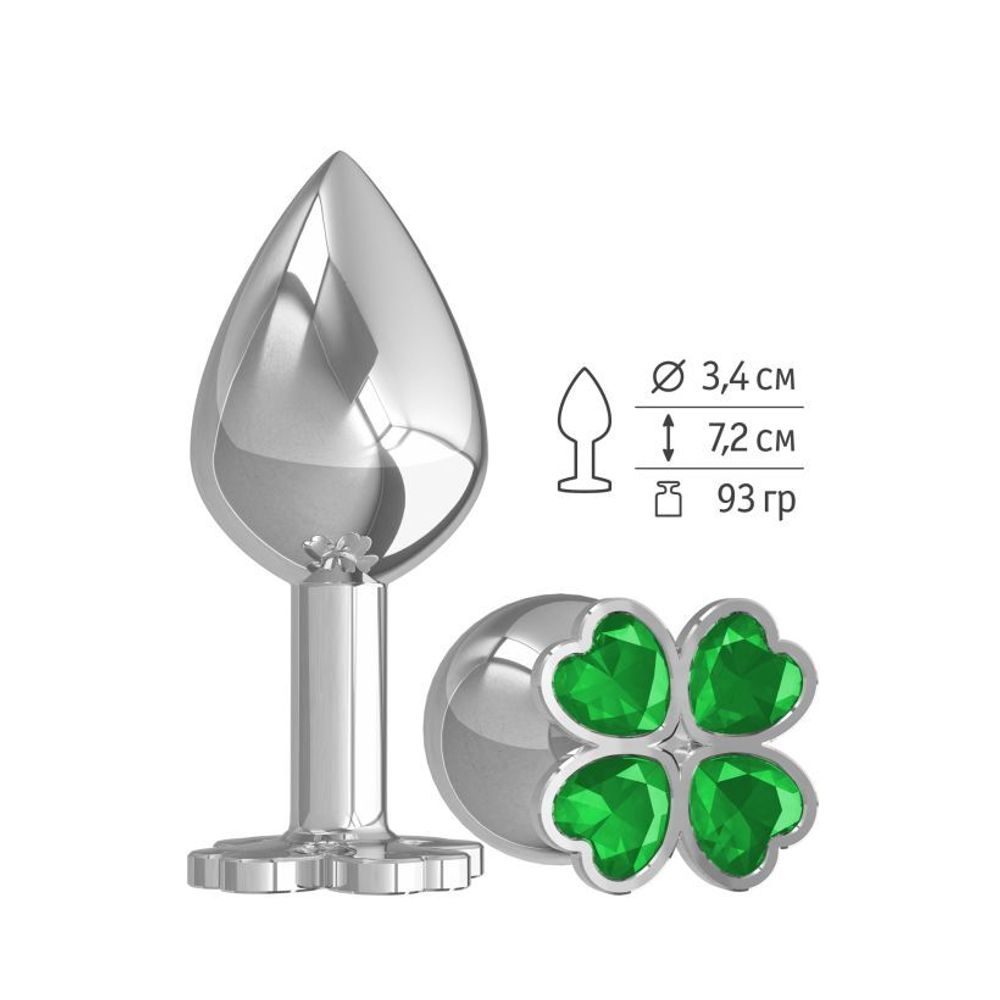 529-03 GREEN-DD / Средняя анальная втулка Silver Клевер с зеленым кристаллом