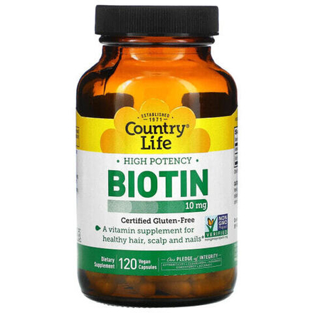 Биотин Country Life, Высокоэффективный биотин, 10 мг, 120 веганских капсул