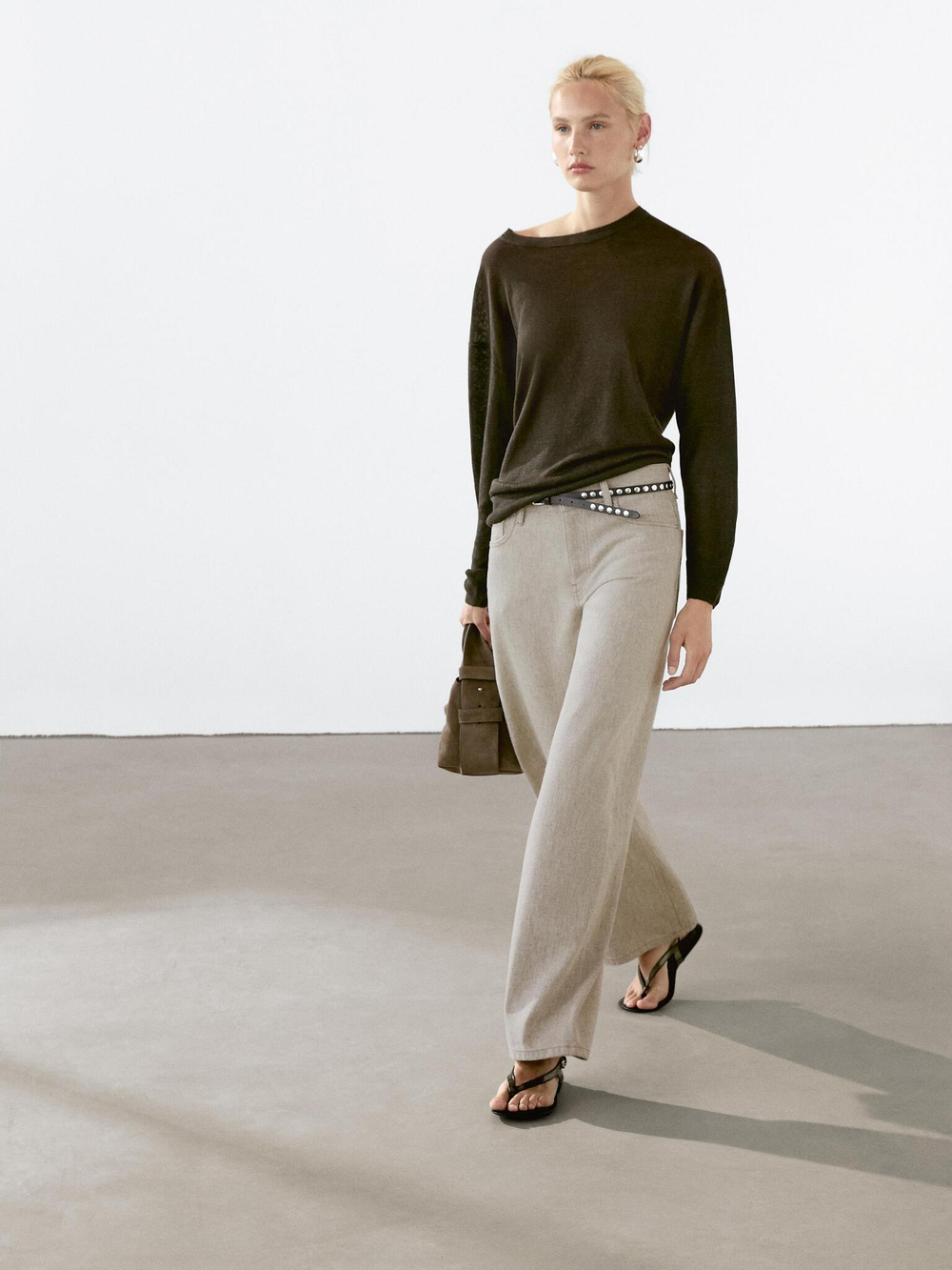 Massimo Dutti Джинсы со средней посадкой и широкими штанинами, бежевый