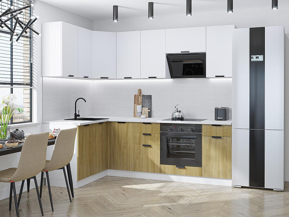 Угловая модульная кухня Евро Лайн-05 Белый/Дуб песочный - Белый 2140*1400/2400*600