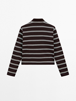 Massimo Dutti Свитер поло из хлопка в полоску, коричневый