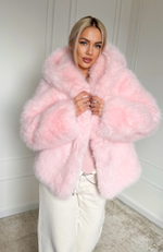 Пушистая Эко - шубка с капюшоном в розовом цвете длина 60см