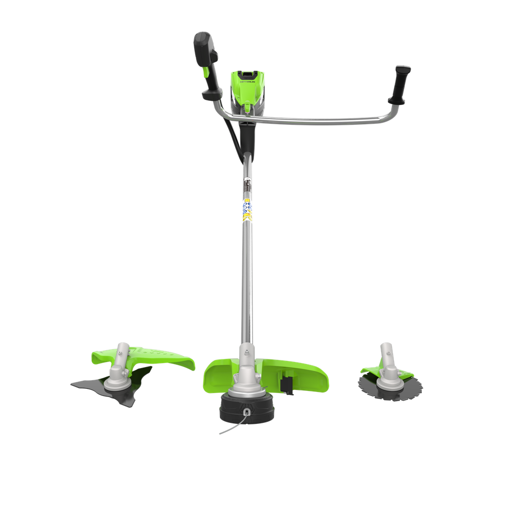 Триммер аккумуляторный Greenworks TB201H, 82V, 2,0 кВт, 46 см, c трехлопастным ножом и кусторезом, бесщеточный, с 1хАКБ 8 Ач и ЗУ (2112407UH)