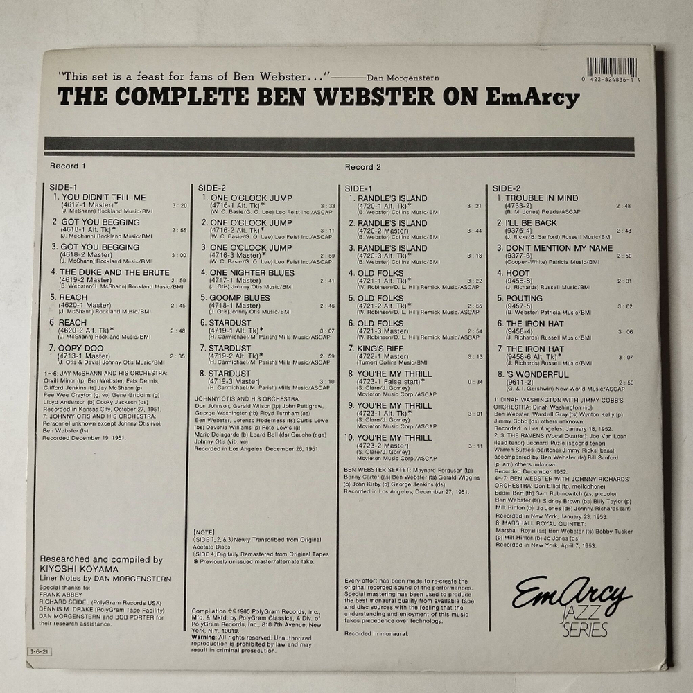 Винтажная виниловая пластинка LP Ben Webster The Big Tenor (The Complete Ben Webster On EmArcy) (USA 1985)