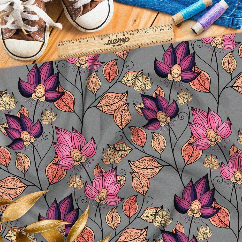 Ткань дюспо резные яркие цветы и листья на сером фоне